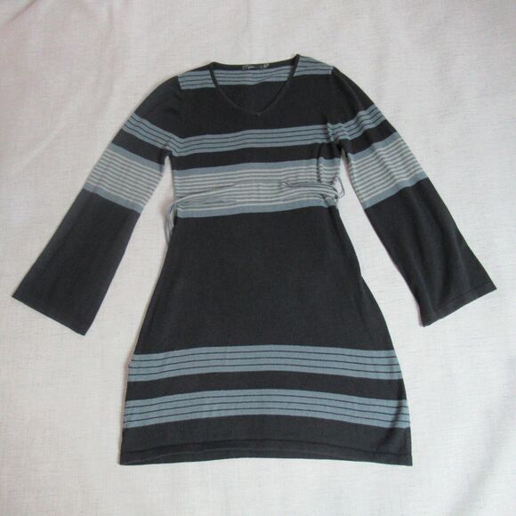 prAna Dresses & Skirts - Vintage Prana Sweater Dress Women L Black Gray Striped Long Sleeve Preppy Knit